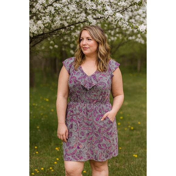 2/$30 Max Studio Flutter Sleeve Mini Dress Tie Neck Multi Women's Large Boho - Picture 1 of 8